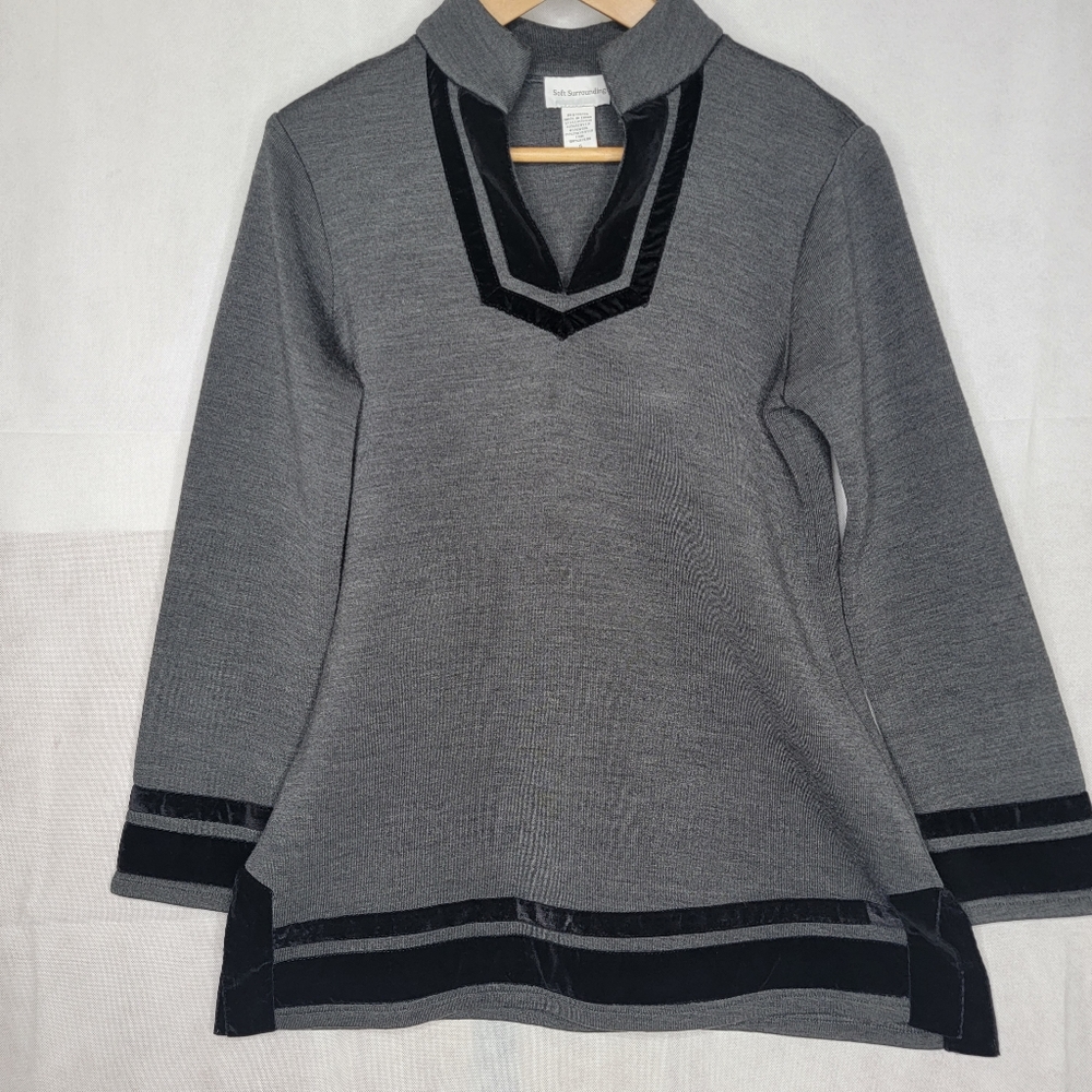 Soft Surroundings Runway Tunic Sweater Gray Wool Blend Black Velvet Trim Small